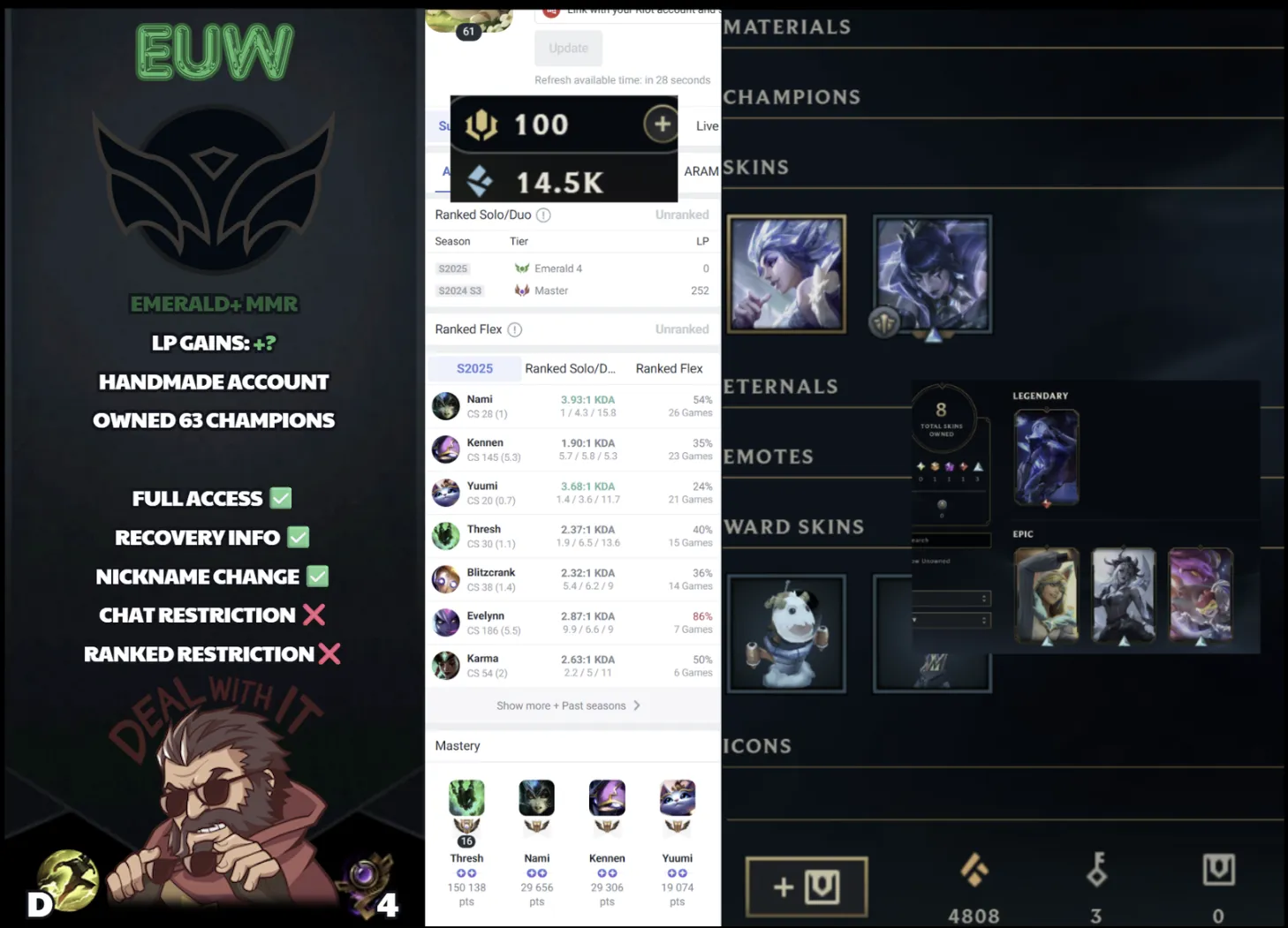 🌍 EUW 🔒 Handlevel ⚡️ Unranked 🥇 Emerald S15 - Master S14 ✨️ Supp Main 📧 Full Access Account ✅ #SBL-U8T