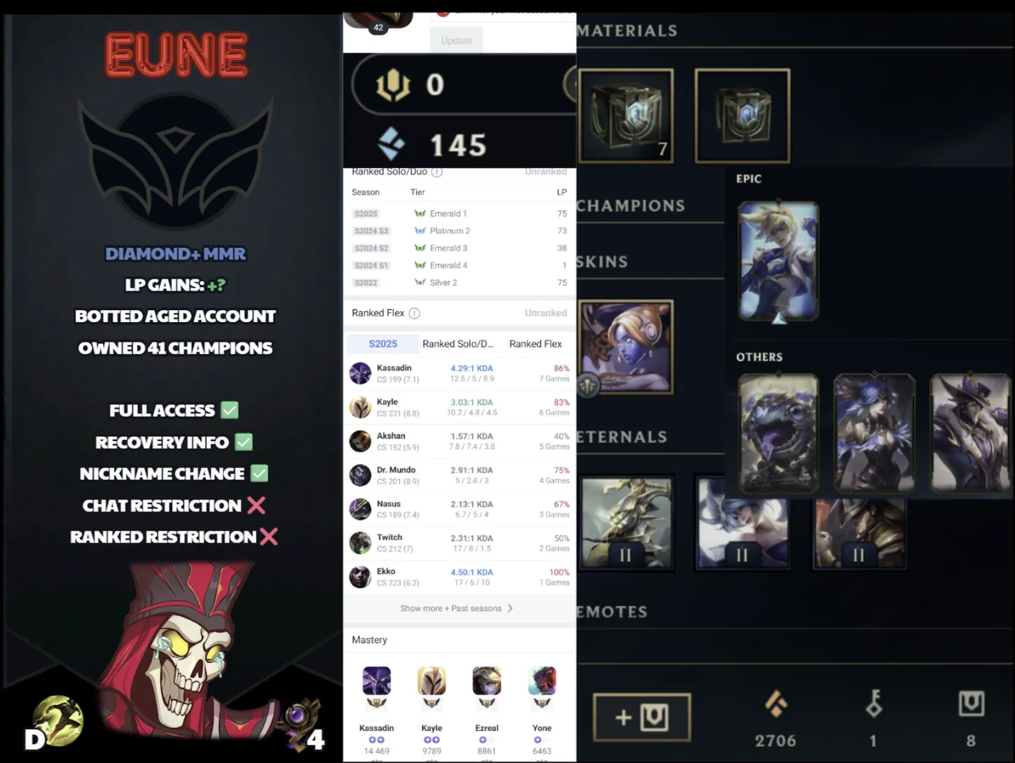 🌍 EUNE 🔒 Handlevel ⚡️ Unranked 🥇 Diamond Peak S15 ✨️ Diamond+ MMR 🔥 Mid Main  📧 Full Access Account ✅ #SBL-4Y6