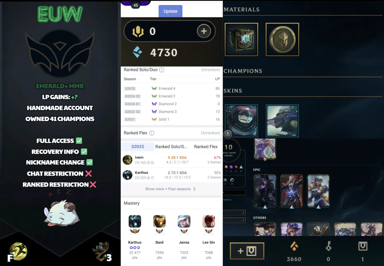 🌍 EUW 👑 Season 16 (Current) 🔥 Unranked 💎️ 2025 Emerald IV ✨️ Emerald+ MMR 🔐 Lifetime Ownership 🏷️ #SBL-R3F