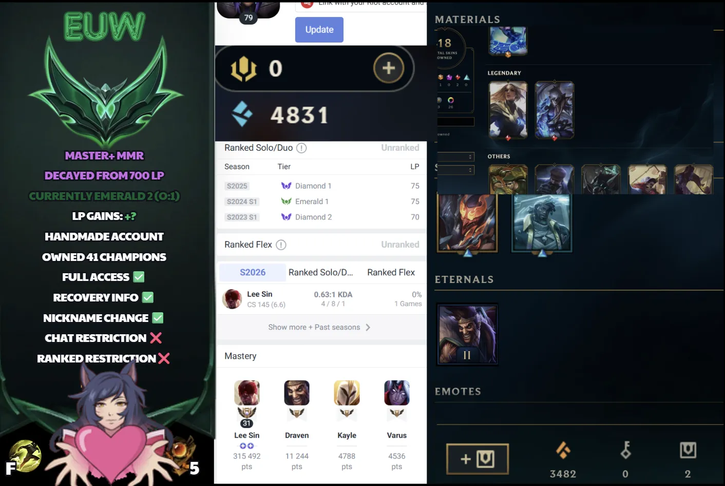 🌍 EUW 👑 Season 16 (Current) 🔥 Emerald II 💎️ Decayed from 700LP ✨️ Master+ MMR 🔐 Lifetime Ownership 🏷️ #SBL-F2R