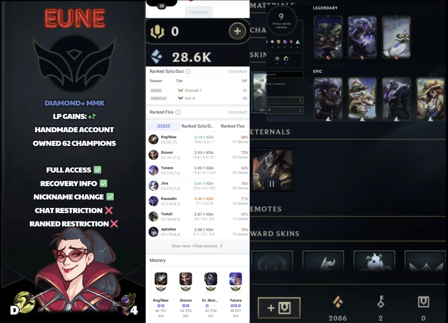 🌍 EUNE 🔒 Handlevel ⚡️ Unranked 🥇 Diamond Peak S15 ✨️ Diamond+ MMR 🔥 10 Skins  📧 Full Access Account ✅ #SBL-FJ6