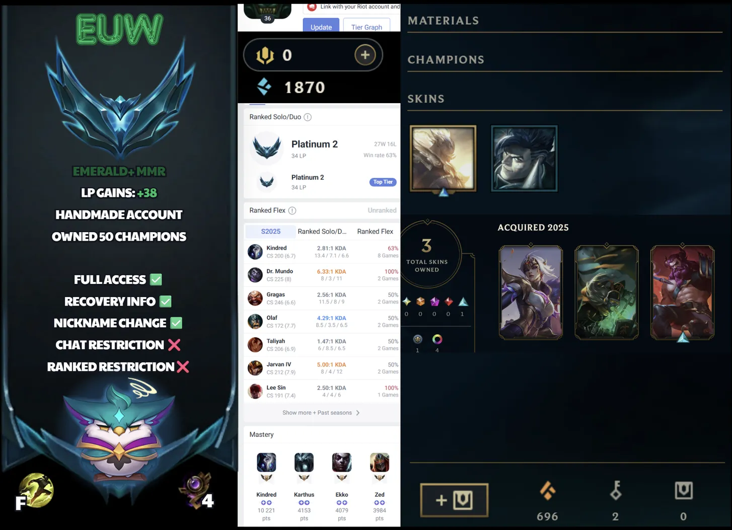 🌍 EUW 🔒 Handlevel ⚡️ Platinum II (34 LP) ✨️ WR:63% 🔥 +38LP Gains ♾️ Lifetime Ownership 📧 Full Access Account ✅ #SBL-6D8