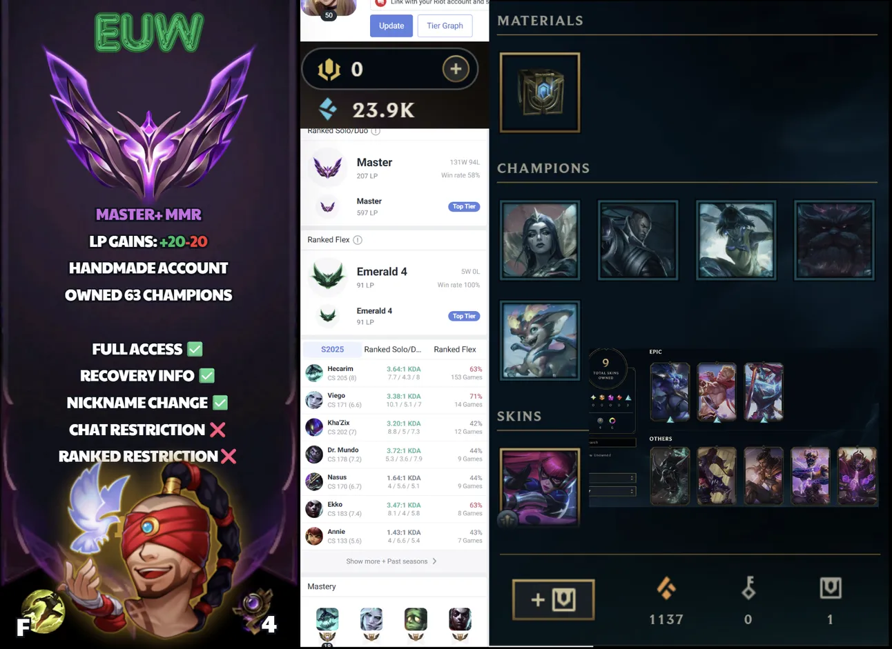 🌍 EUW 🔒 Handlevel ⚡️ Master (207 LP) 🥇 Jungle Main ✨️ WR:58% 🔥 600LP Peak  📧 Full Access Account ✅ #SBL-7X3