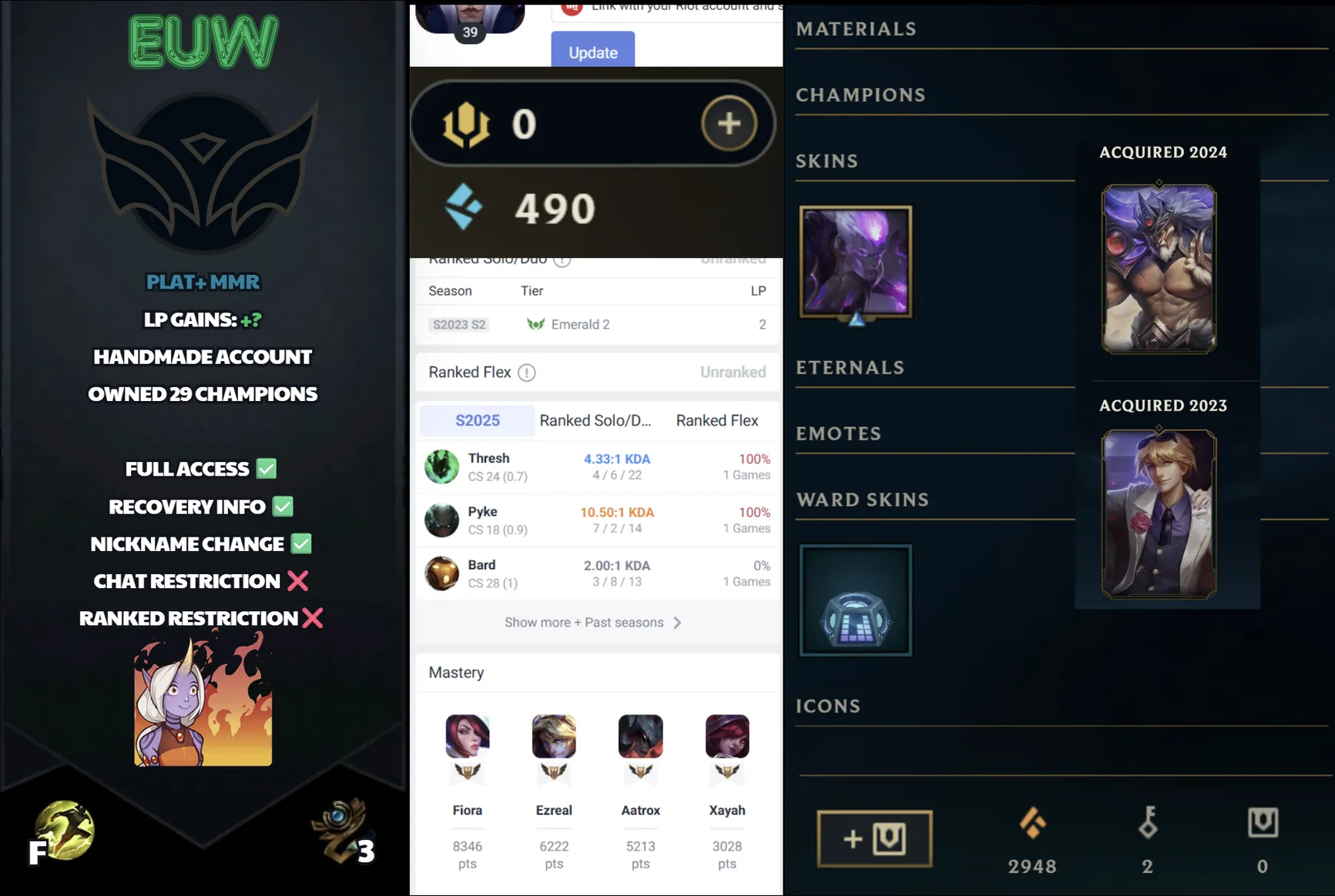 🌍 EUW 👑 Season 16 (Current) 🔥 Unranked 💎️ 2023 Emerald ✨️ Platinum+ MMR 🔐 Lifetime Ownership 🏷️ #SBL-X8C