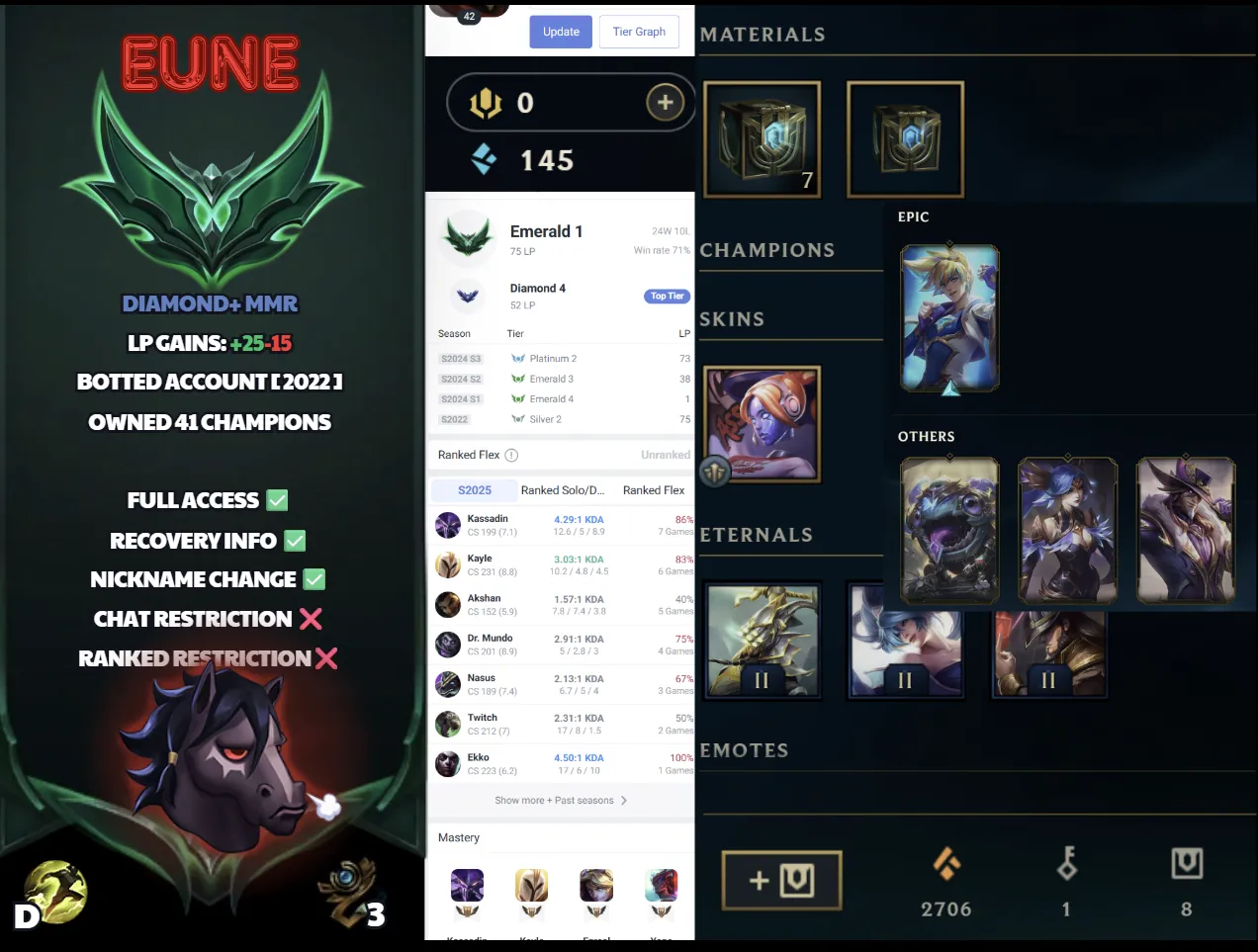  EUNE Handlevel ⚡ Emerald I (75 LP)✨ WR:71% 41 Champs Full Email Access ✅ Full Ownership Transfer #SBL-4Y6