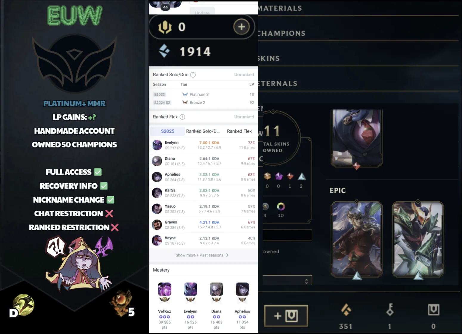 🌍 EUW 🔒 Handlevel ⚡️ Unranked 🥇 Platinum S15 ✨️ Platinum+ MMR 🔥 11 Skins  📧 Full Access Account ✅ #SBL-H1U