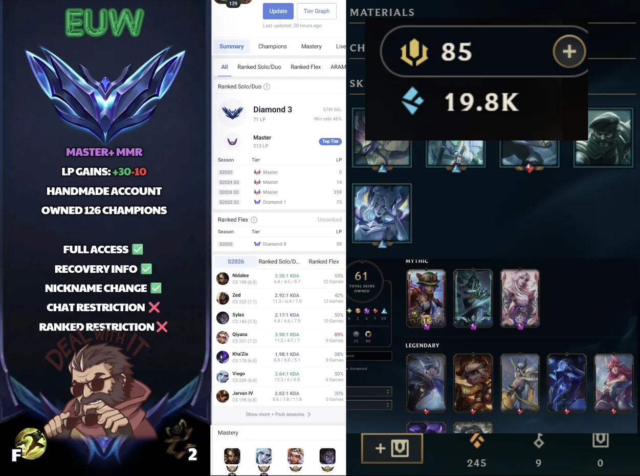🌍 EUW 👑 Season 16 (Current) 🔥 Diamond III (71 LP) 📌️ Jungle Main 💎️ Master+ MMR ✨️ +30LP Gains 🔐 Lifetime Ownership 🏷️ #SBL-JZK