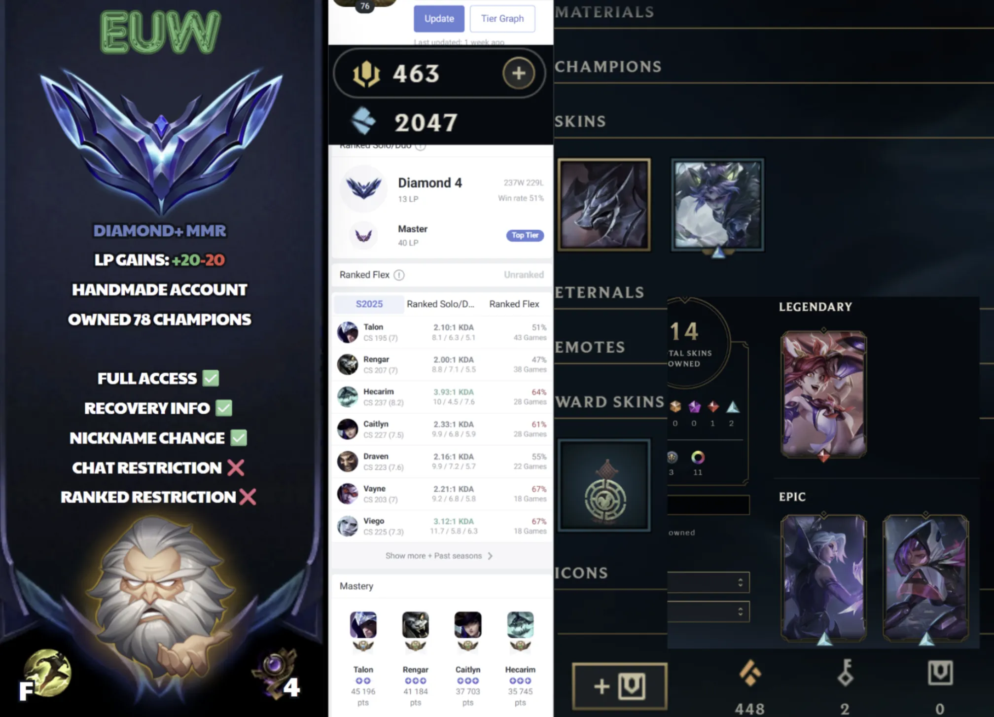 🌍 EUW 🔒 Handlevel ⚡️ Diamond IV (13 LP) ✨️ WR:51% 🔥 Master Peak S15 ♾️ Lifetime Ownership 📧 Full Access Account ✅ #SBL-4D1