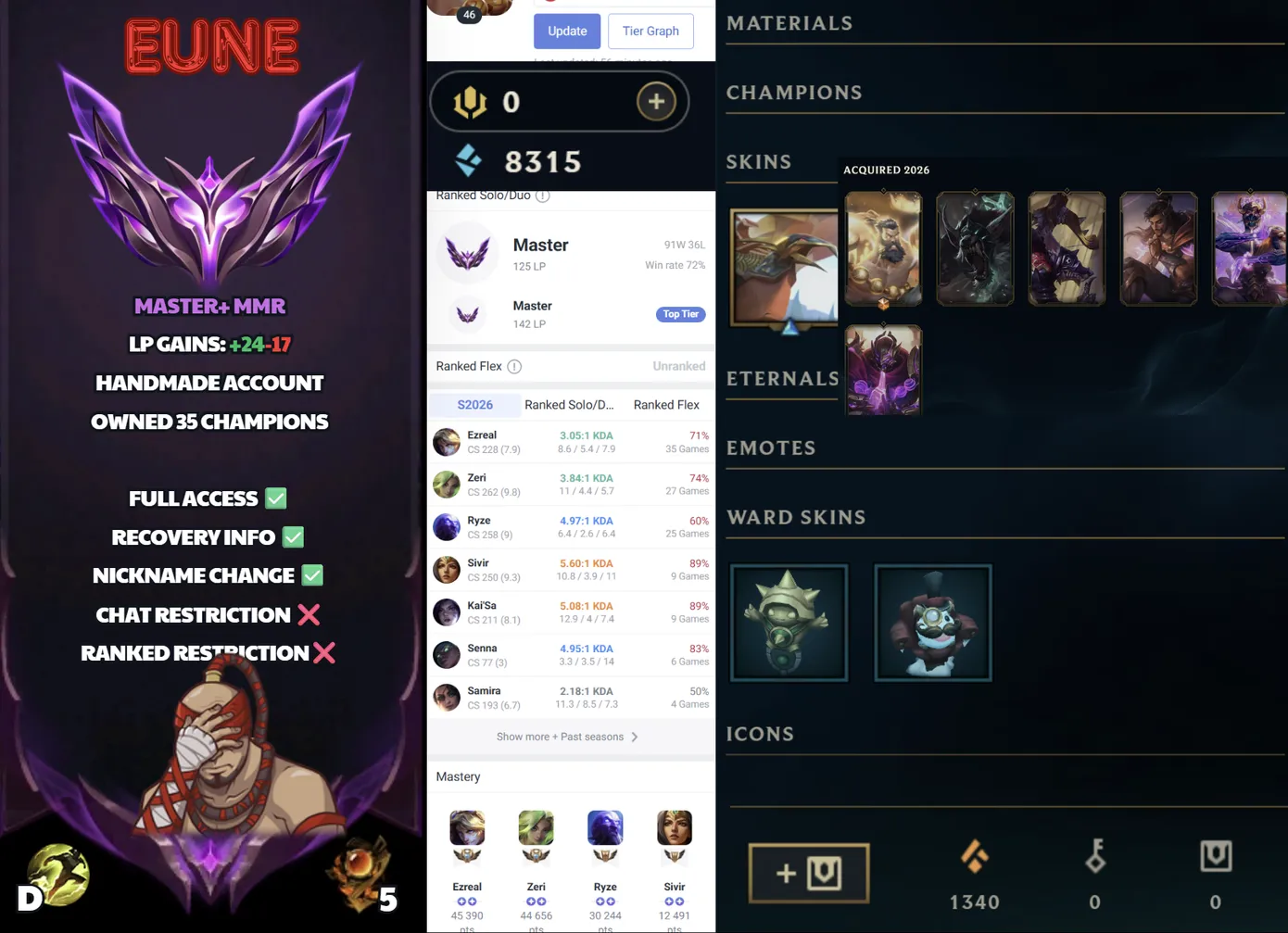 🌍 EUNE 👑 Season 16 (Current) 🔥 Master (125 LP) 📌️ ADC Main 💎️ WR:71% ✨️ +24LP Gains 🔐 Lifetime Ownership 🏷️ #SBL-6V1