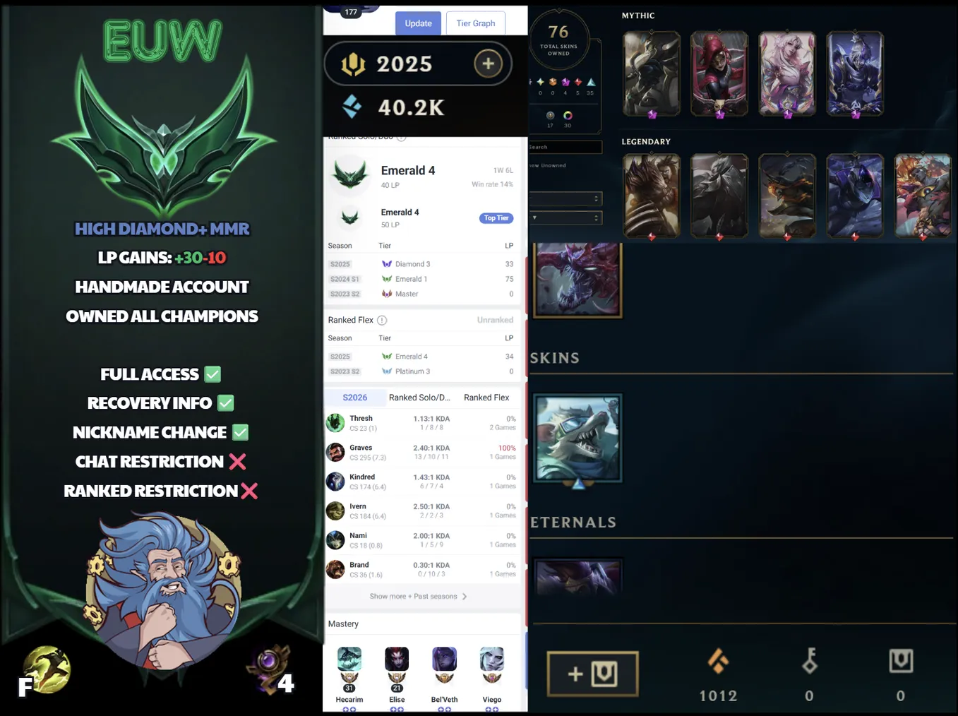 🌍 EUW 👑 Season 16 (Current) 🔥 Emerald IV (40 LP)  💎️ 76 Skins ✨️ All Champions 🔐 Lifetime Ownership 🏷️ #SBL-L9M