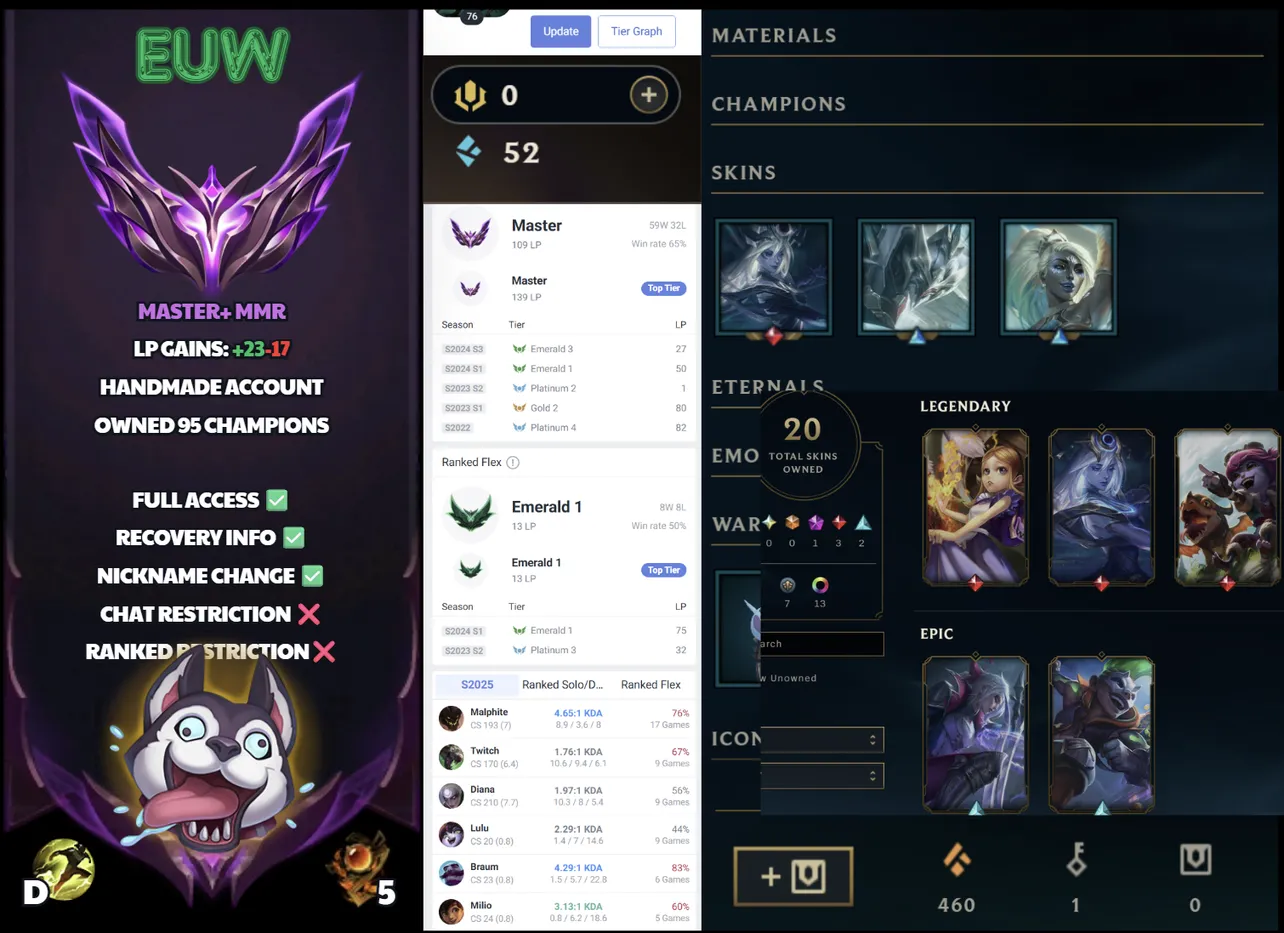 🌍 EUW 🔒 Handlevel ⚡️ Master (109 LP) 🥇 Top/Jungle/Support ✨️ WR:66% 🔥 95 Champs  📧 Full Access Account ✅ #SBL-W8F