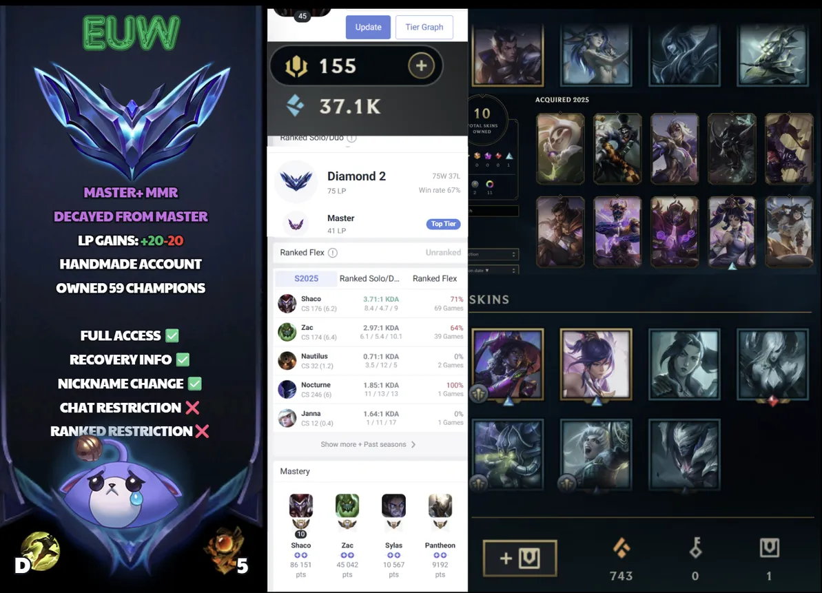 🌍 EUW 🔒 Handlevel ⚡️ Diamond II (75 LP) 🥇 Jungle Main ✨️ WR:67% 🔥 Decay From Master - Master MMR 📧 Full Access Account ✅ #SBL-L63