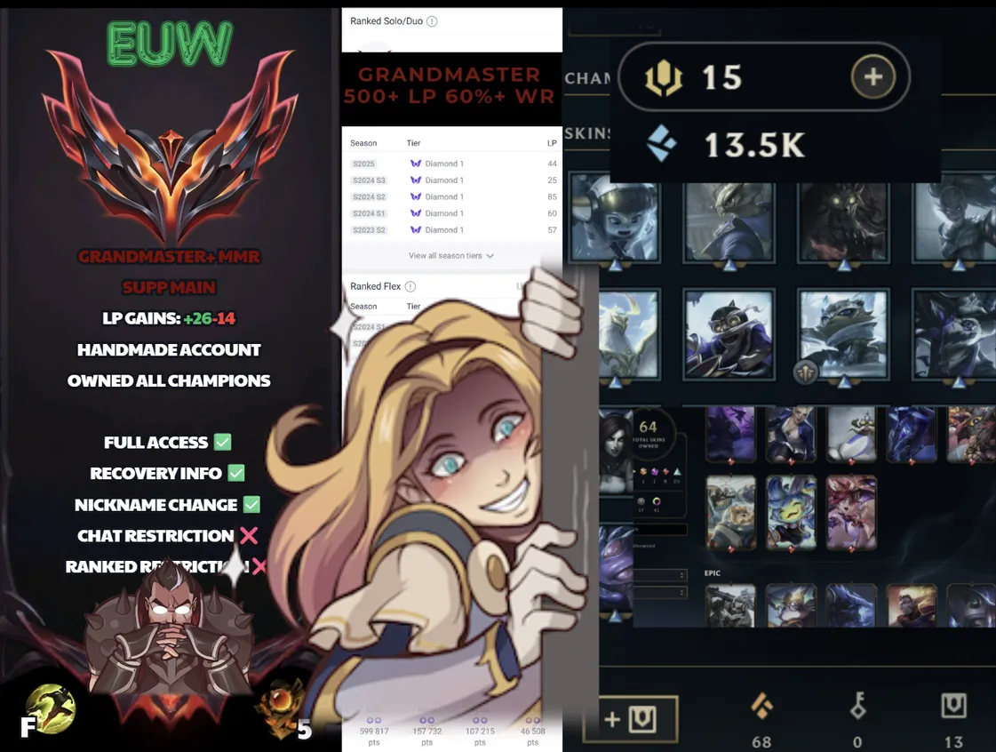 🌍 EUW 🟢 Season 2026 🏅 Grandmaster (500+ LP) 📌️ Support Main ✨️ WR:59% 🔥 +26LP Gains 🔐 Lifetime Ownership 🏷️ #SBL-6M3