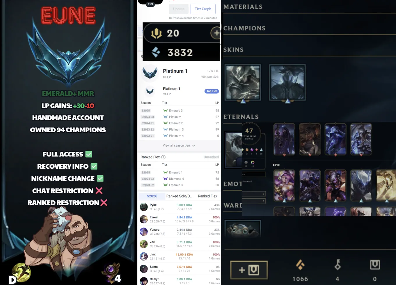 🌍 EUNE 🟢 Season 2026 🏅 Platinum I (94 LP) 📌️ ADC/SUPP ✨️ Diamond Peak 2025 🔥 +30LP Gains  🔐 Lifetime Ownership 🏷️ #SBL-B3V