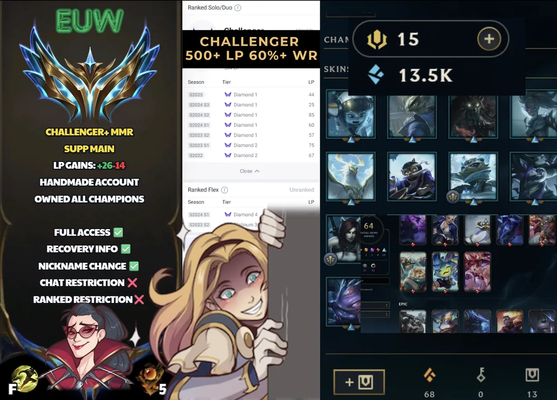🌍 EUW 🔒 Handlevel ⚡️SEASON 2026 - Challenger (500+ LP) 🥇 Support Main ✨️ WR:64% 📧 Full Access Account ✅ #SBL-6M3