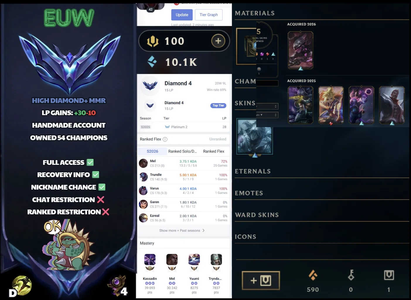 🌍 EUW 👑 Season 16 (Current) 🔥 Diamond IV (15 LP) 📌️ Mid/Adc 💎️ WR:69% ✨️ +30LP Gains 🔐 Lifetime Ownership 🏷️ #SBL-2K3