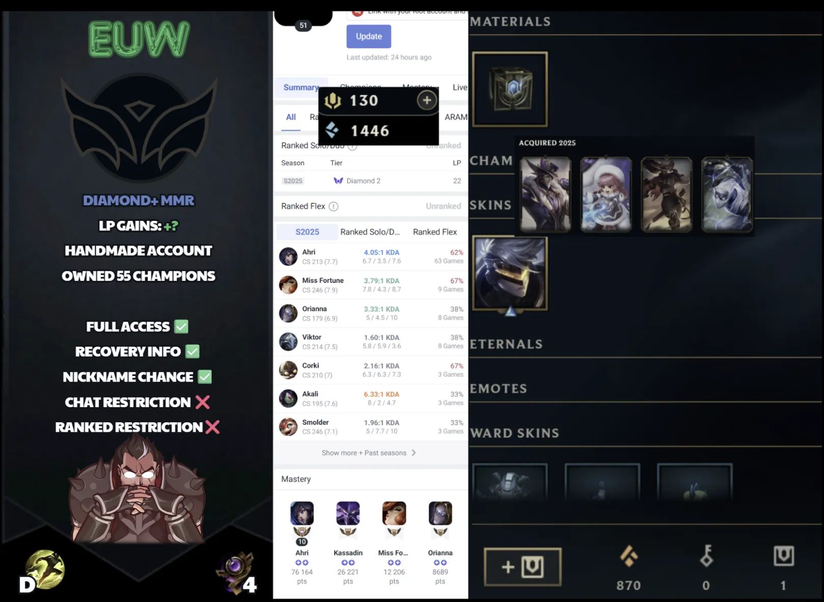 🌍 EUW 🔒 Handlevel ⚡️ Unranked 🥇 Master S15 ✨️ Diamond+ MMR 🔥 Lifetime Ownership  ✅ #SBL-3H5