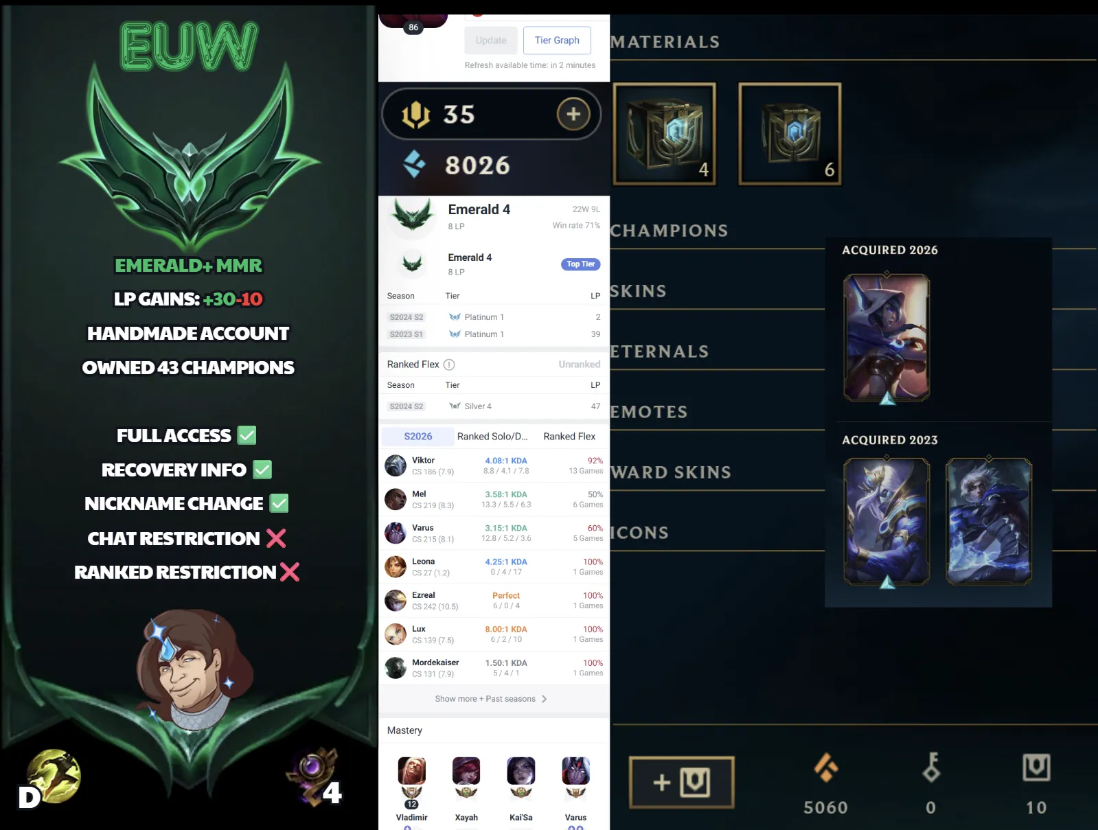 🌍 EUW 👑 Season 16 (Current) 🔥 Emerald IV (8 LP) 📌️ Mid/Top 💎️ WR:71% ✨️ +30LP Gains 🔐 Lifetime Ownership 🏷️ #SBL-T3U