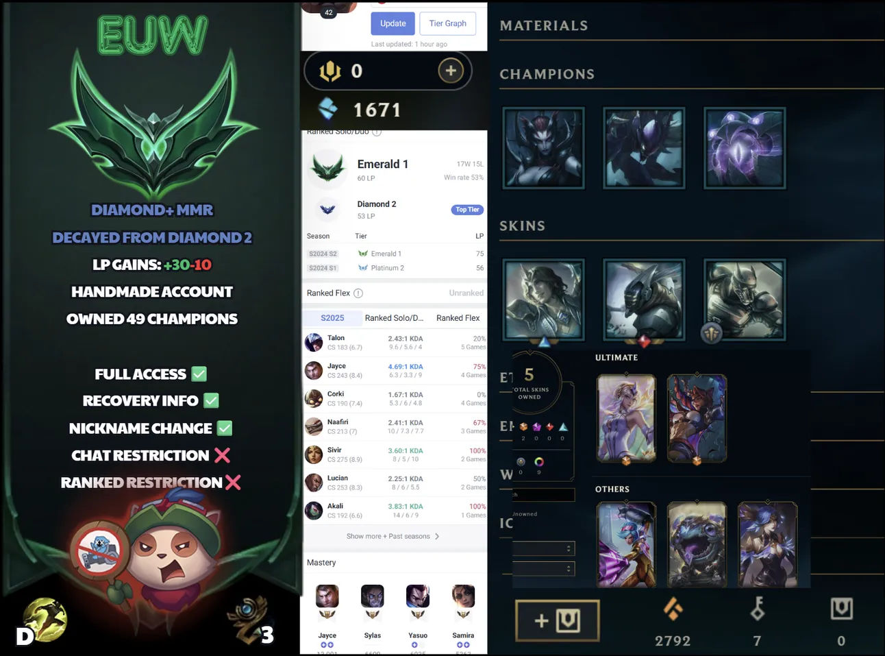  EUW  Handlevel ⚡ Emerald I (60 LP)✨ WR:53%  +30LP Gains , Diamond 2 Decay  Full Email Access ✅ Full Ownership Transfer #SBL-8K4