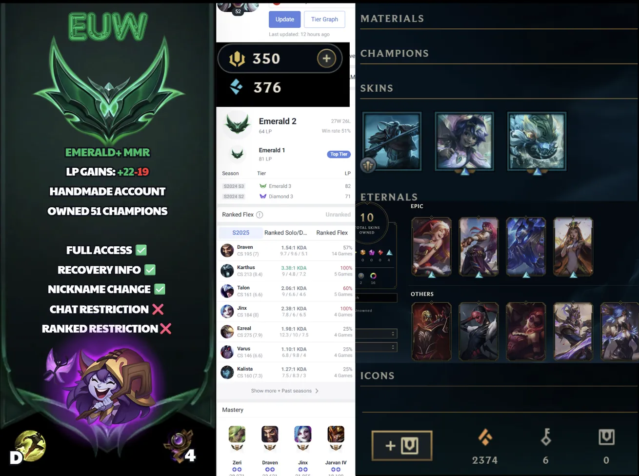 🌍 EUW 🔒 Handlevel ⚡️ Emerald II (64 LP) 🥇 ADC Main ✨️ WR:50% 🔥 10 Skis 📧 Full Access Account ✅ #SBL-Q3W