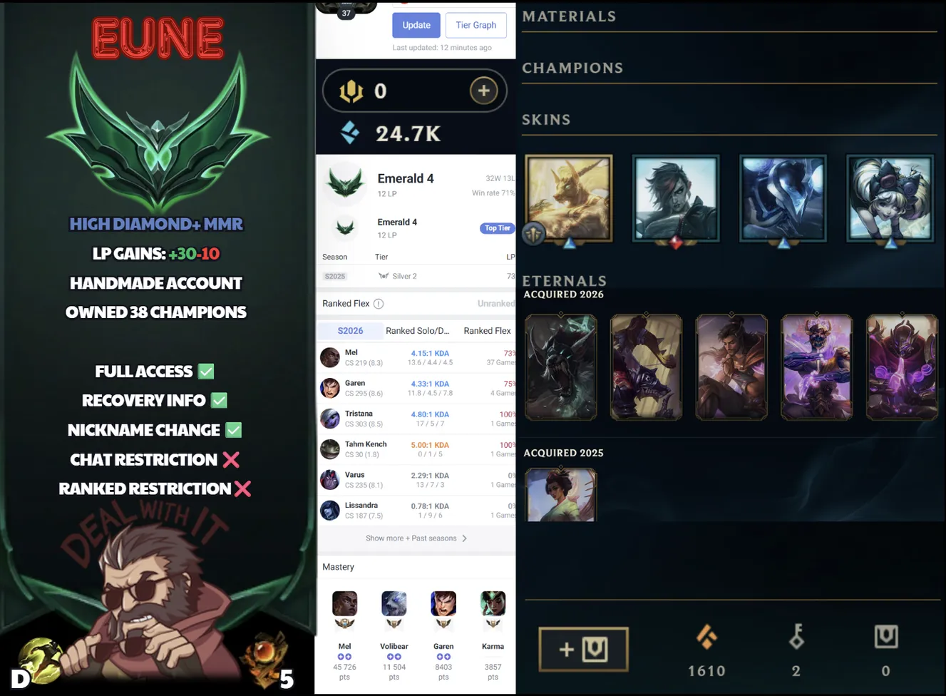 🌍 EUNE 👑 Season 16 (Current) 🔥 Emerald IV (12 LP) 📌️ Mid/Adc Main 💎️ WR:71% ✨️ +30LP Gains | Diamond/Master MMR 🔐 Lifetime Ownership 🏷️ #SBL-L7E