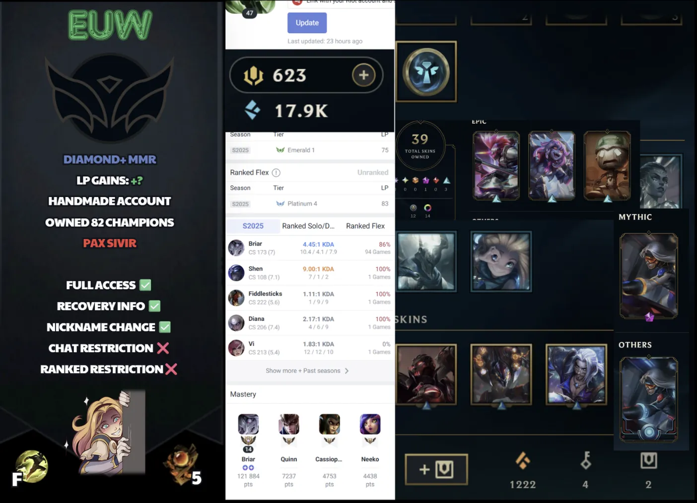 🌍 EUW 🔒 Handlevel ⚡️ Diamond+ MMR 🥇 Jungle Main ✨️ PAX Sivir 🔥 39 Skins 📧 Full Access Account ✅ #SBL-17J