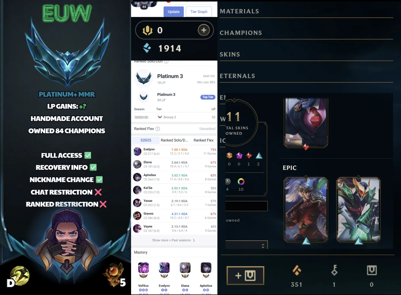 🌍 EUW 🔒 Handlevel ⚡️ Platinum III (10 LP) 🥇 Jungle Main ✨️ WR:58% 🔥 11 Skins 📧 Full Access Account ✅ #SBL-H1U