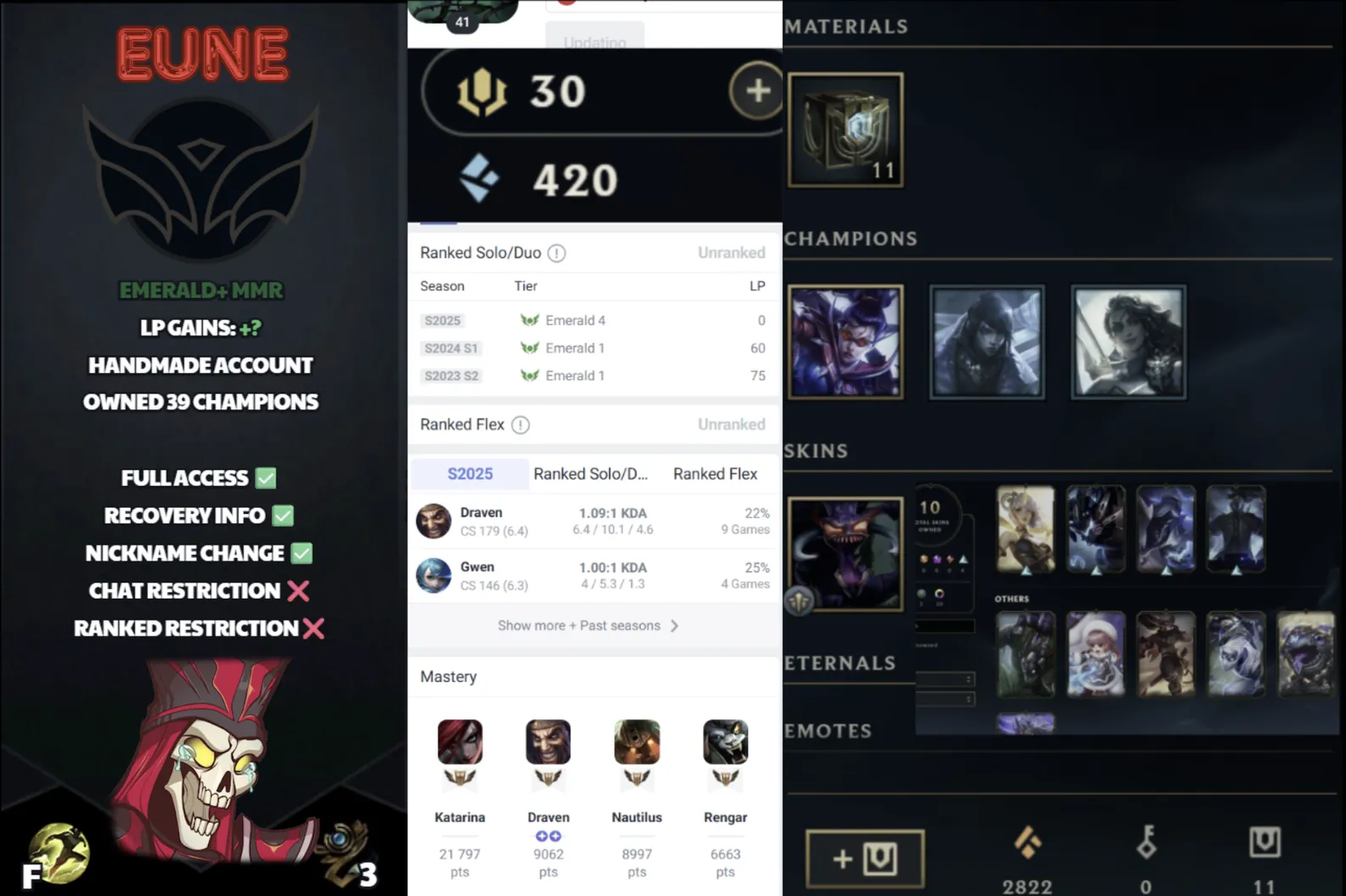 🌍 EUNE 🔒 Handlevel ⚡️ Unranked 🥇 Emerald Peak S15 ✨️ Emerald+ MMR 🔥 10 Skins 📧 Full Access Account ✅ #SBL-3U9