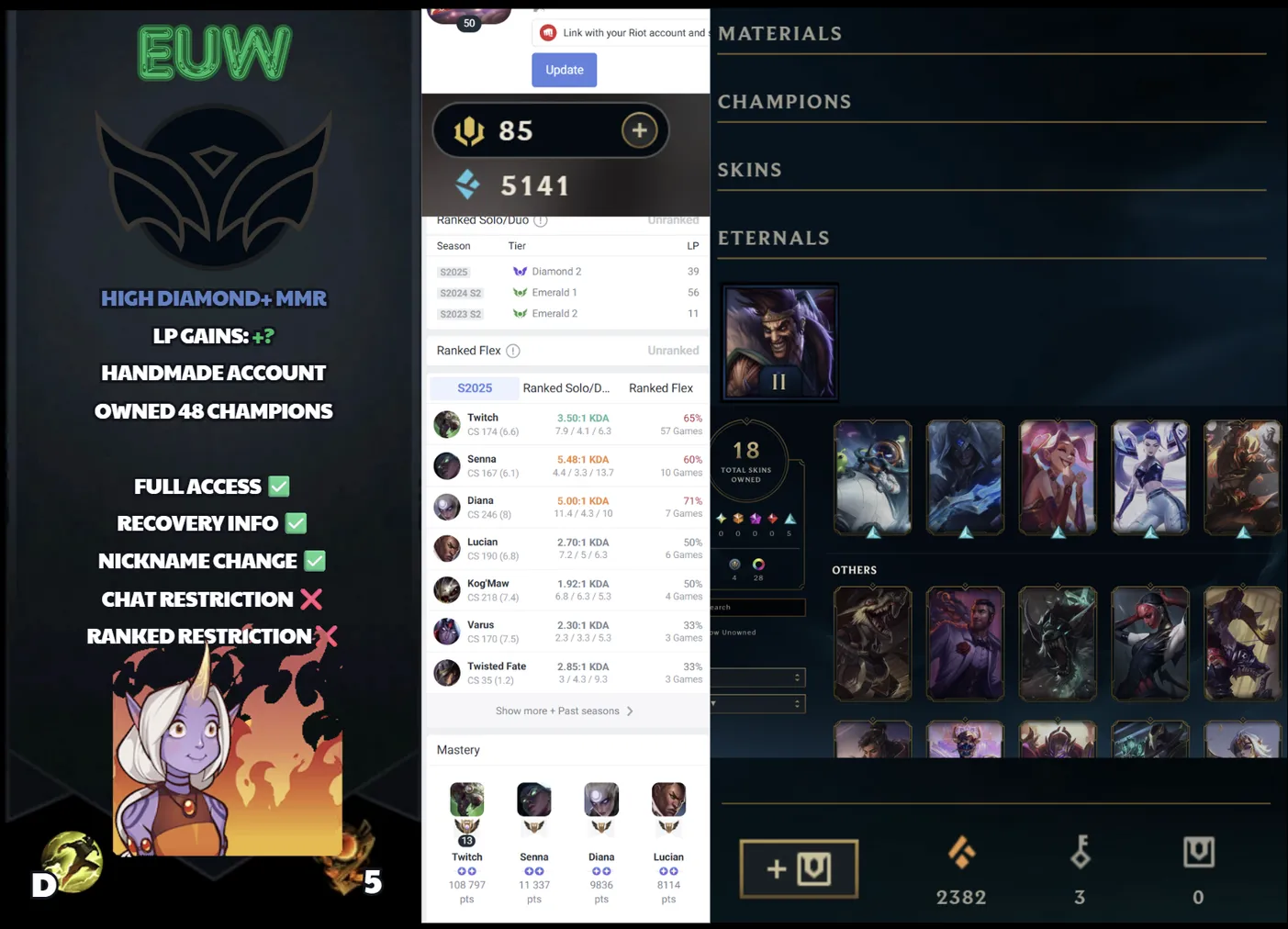 🌍 EUW 👑 Season 16 (Current) 🔥 Unranked 📌️ ADC Main 💎️ Master Peak S15 ✨️ High Diamond+ MMR 🔐 Lifetime Ownership 🏷️ #SBL-W2X