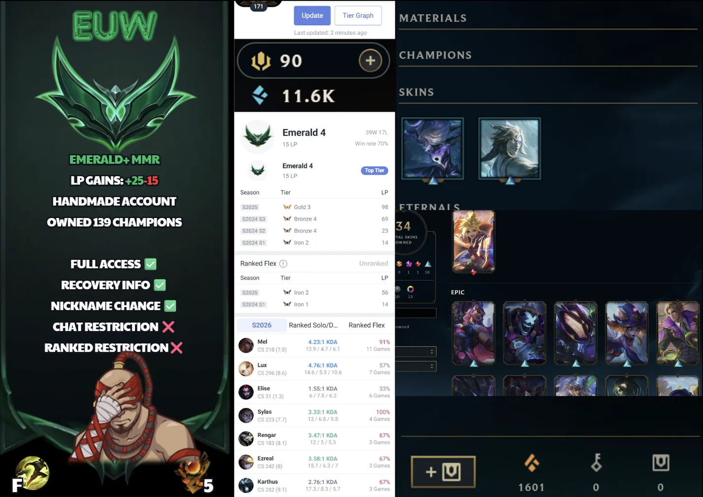 🌍 EUW 👑 Season 16 (Current) 🔥 Emerald IV (15 LP) 💎️ WR:70% ✨️ 34 Skins & +25LP Gains 🔐 Lifetime Ownership 🏷️ #TH-