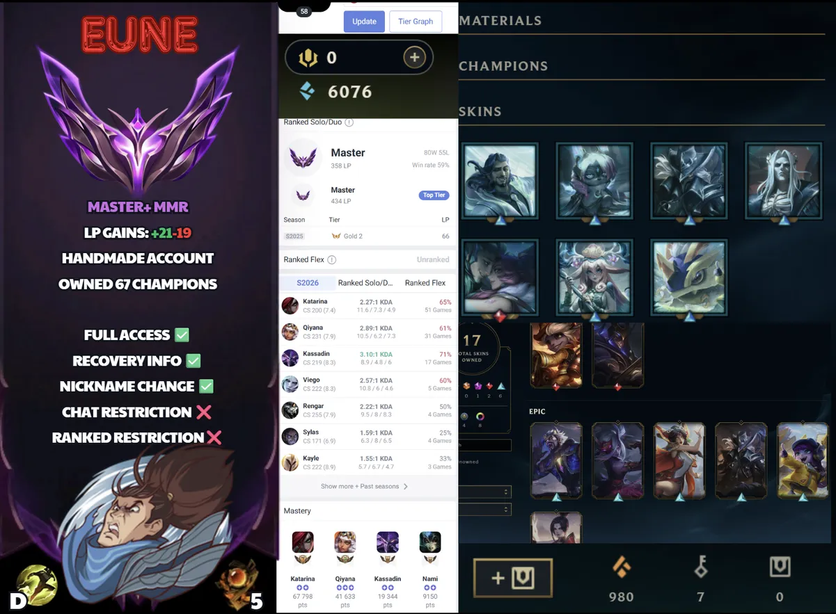 🌍 EUNE 👑 Season 16 (Current) 🔥 Master (358 LP) 📌️ Mid Main 💎️ Galaxy Slayer Zed ✨️ 17 Skins 🔐 Lifetime Ownership 🏷️ #SBL-4M8