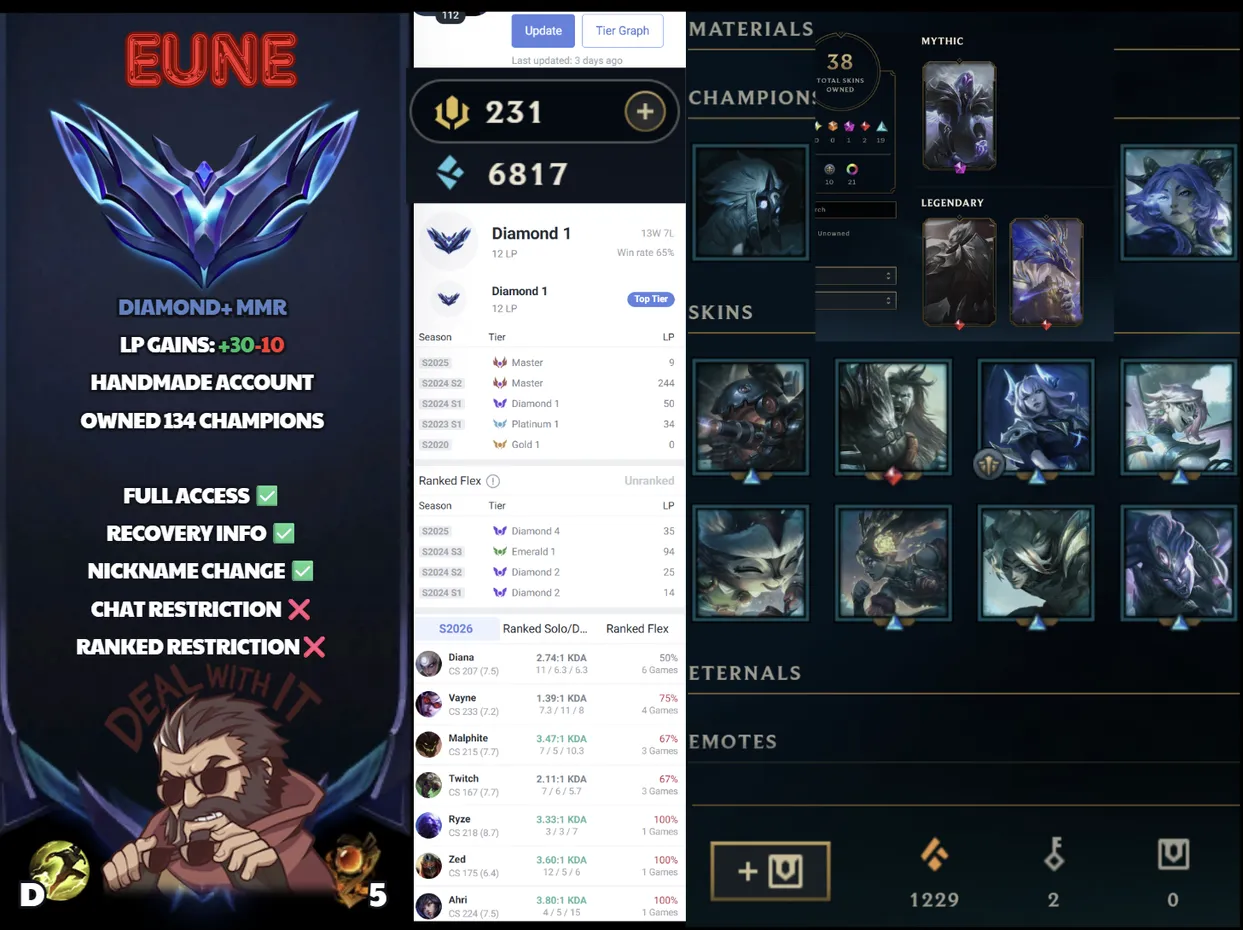 🌍 EUNE 🟢 Season 2026 🏅 Diamond I (12 LP) 📌️ Multi Role ✨️ Master 2025 🔥 +30LP Gains  🔐 Lifetime Ownership 🏷️ #SBL-R1K