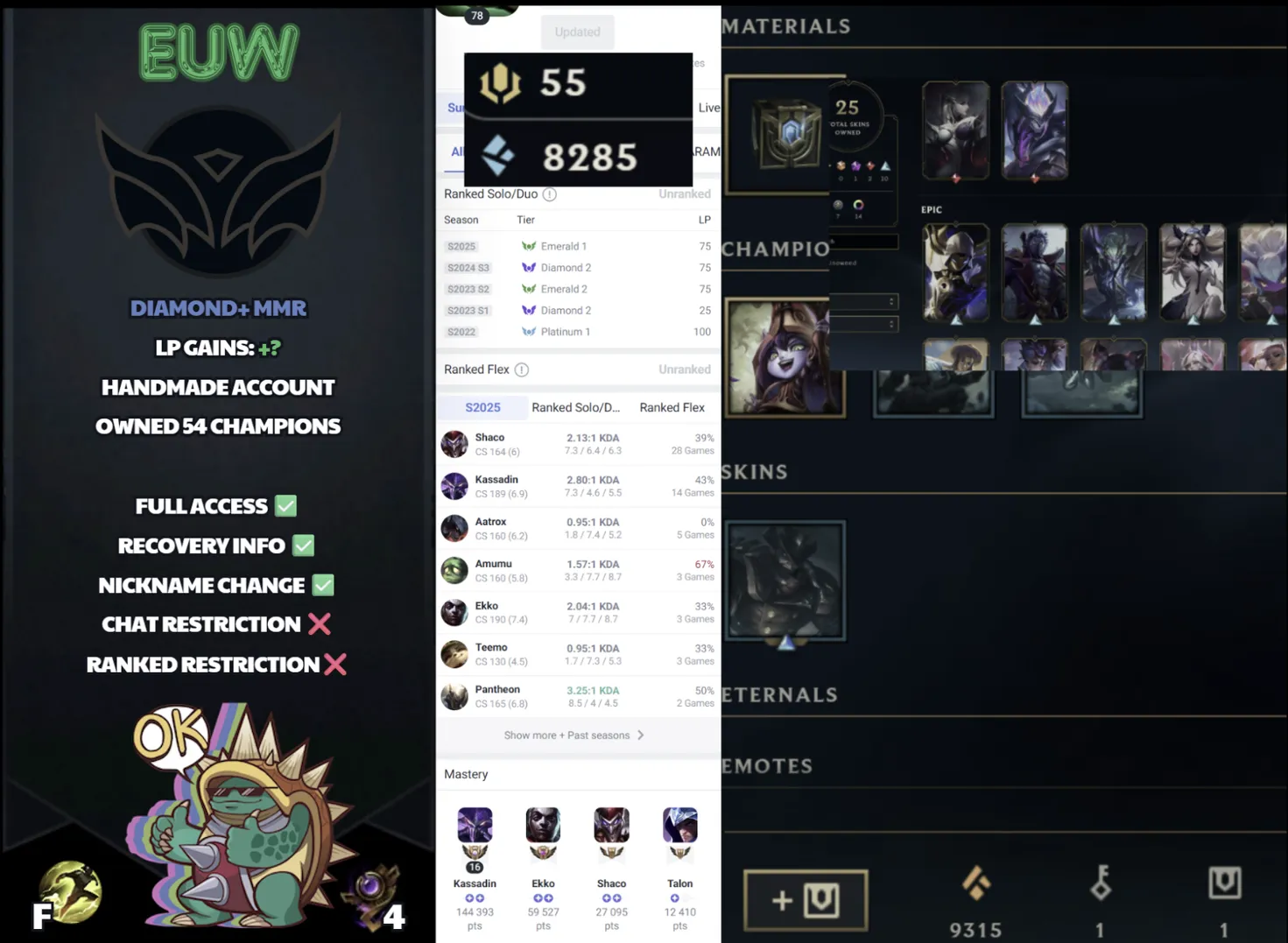 🌍 EUW 🔒 Handlevel ⚡️ Unranked 🥇 Emerald I S15 ✨️ Diamond+ MMR 🔥 25 Skins  📧 Full Access Account ✅ #SBL-X6C