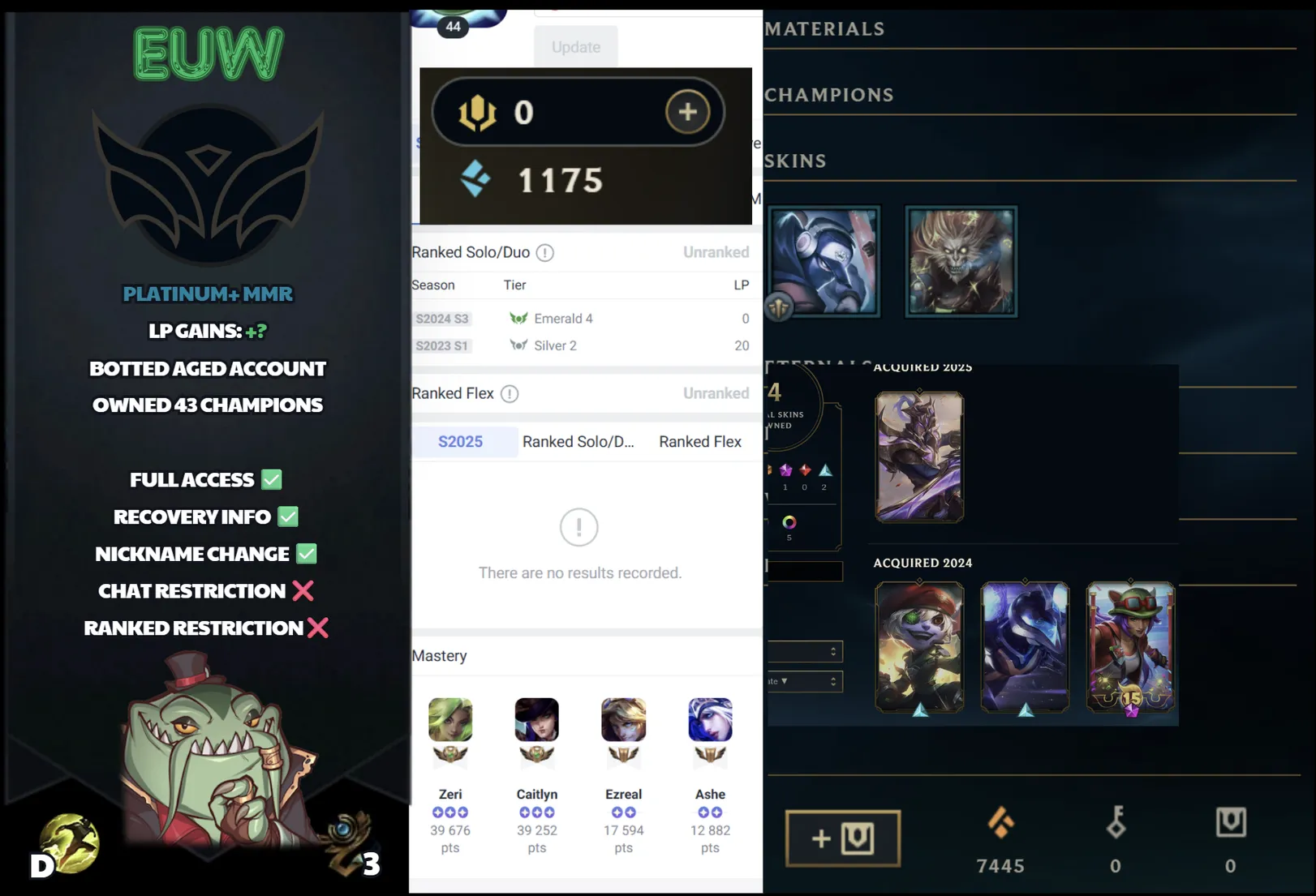 🌍 EUW 🔒 Handlevel ⚡️ Unranked 🥇 Emerald S24 ✨️ Platinum+ MMR 📧 Full Access Account ✅ #SBL-P2Y