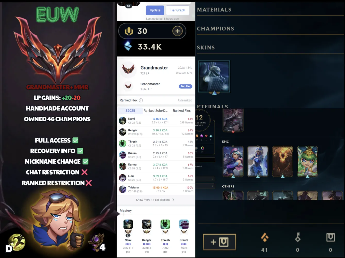 🌍 EUW 🔒 Handlevel ⚡️ Master (727 LP) 🥇 Support Main ✨️ WR:60% 🔥 1,060LP Peak 📧 Full Access Account ✅ #SBL-6Y4