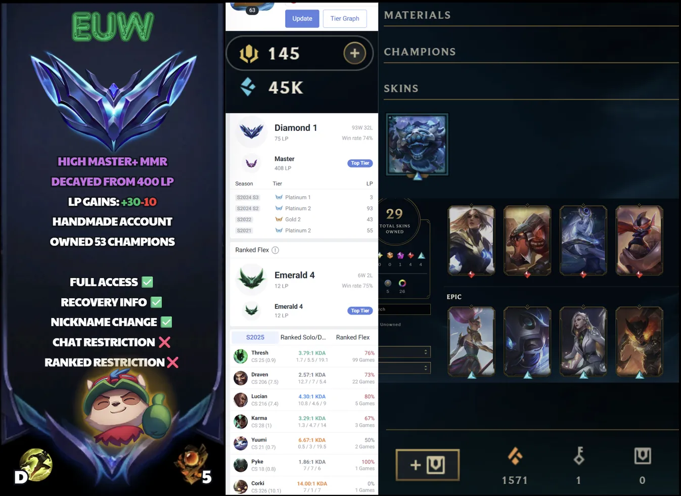 🌍 EUW 🔒 Handlevel ⚡️ Diamond I (75 LP) 🥇 Support Main ✨️ WR:74% 🔥 +30LP Gains 📧 Full Access Account ✅ #SBL-A2S