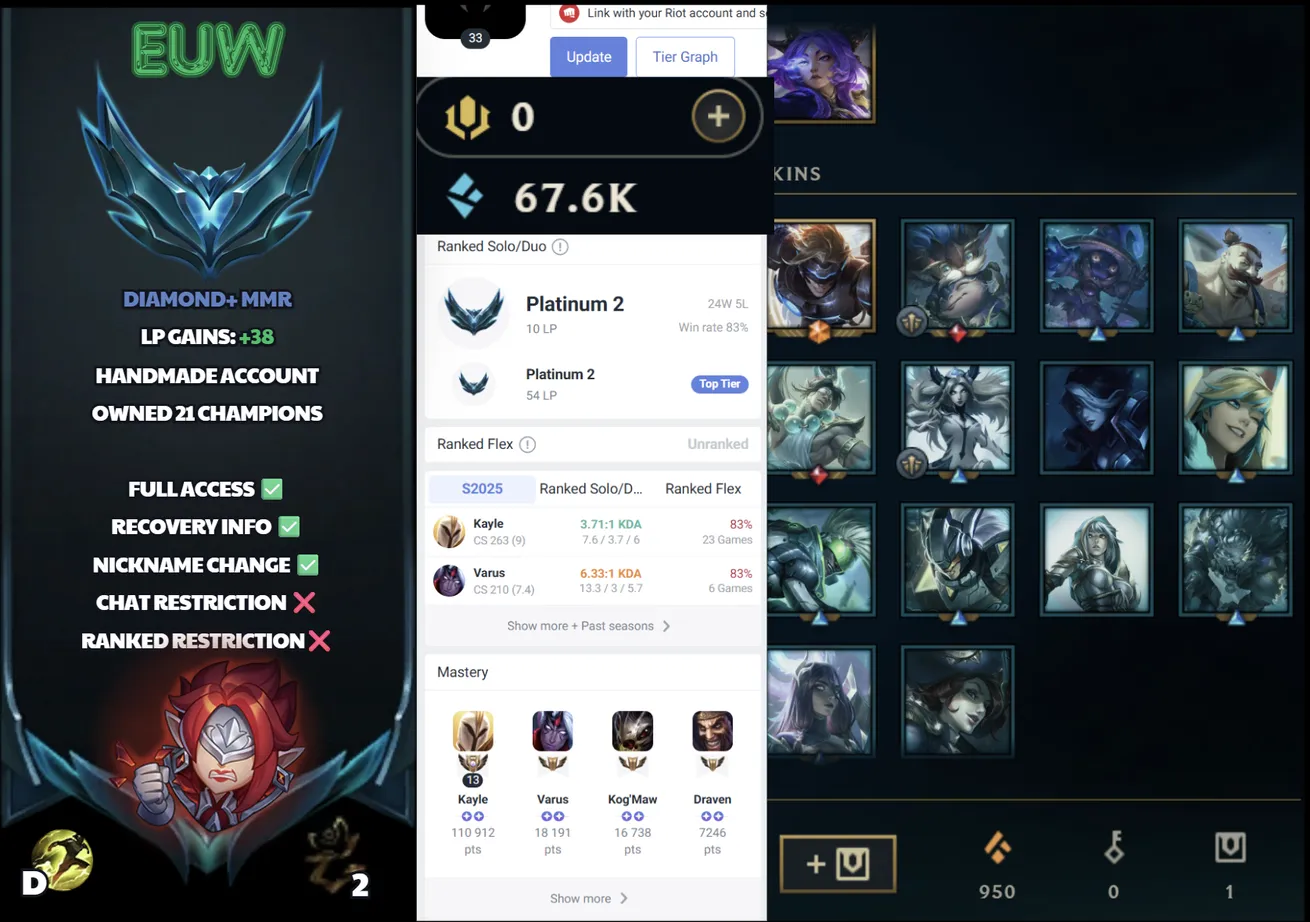 🌍 EUW 🔒 Handlevel ⚡️ Platinum II (10 LP) ✨️ WR:78% 🔥 +38LP Gains ♾️ Lifetime Ownership 📧 Full Access Account ✅ #SBL-2W4