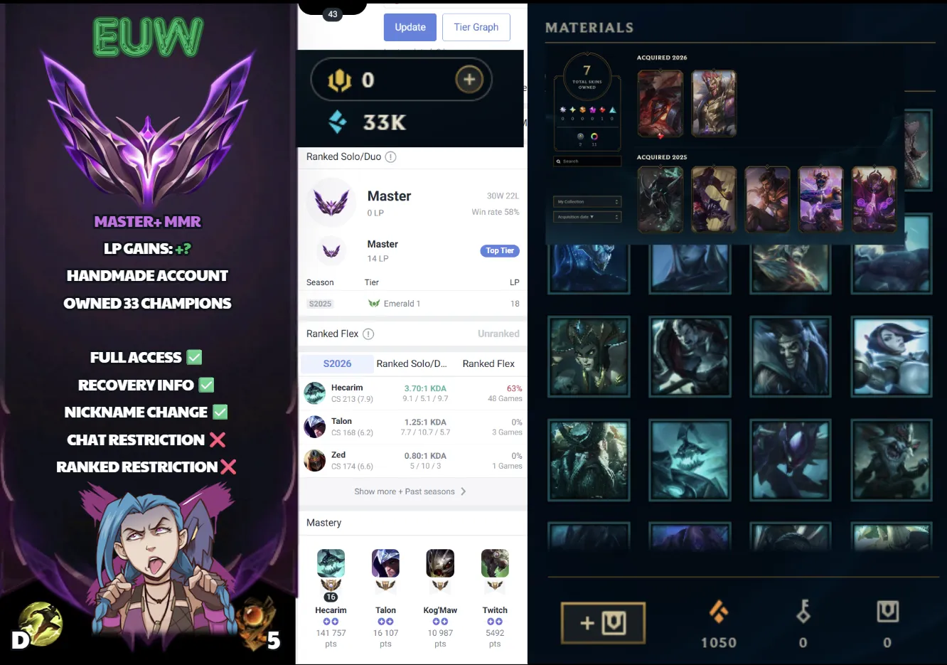 🌍 EUW 🟢 Season 2026 ❤️‍🔥 Master 📌️ Jungle Main ✨️ +26LP Gains 🔥 58% WR  🔐 Lifetime Ownership 🏷️ #SBL-J2N