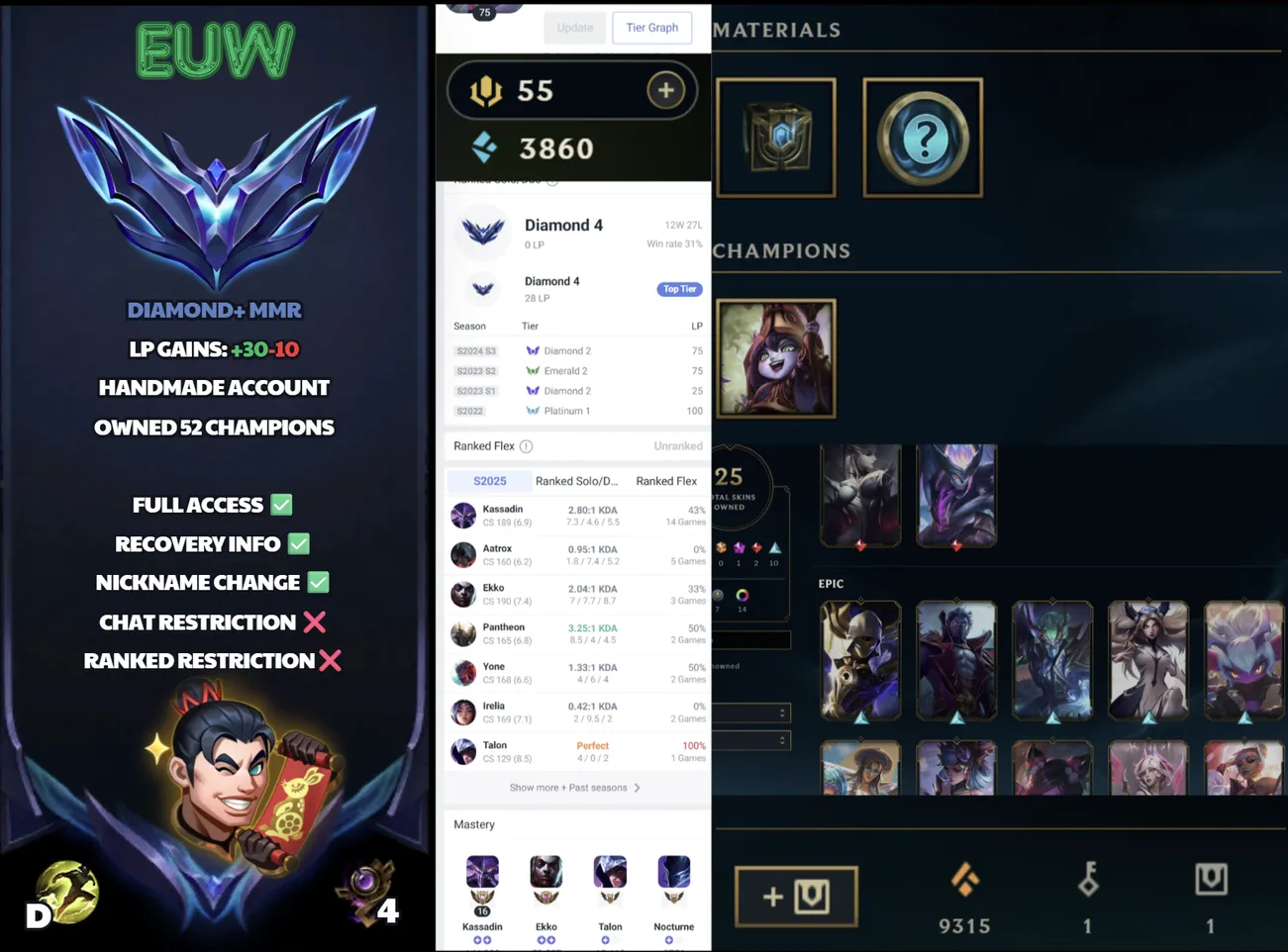 🌍 EUW 🔒 Handlevel ⚡️ Diamond IV (0 LP) ✨️ +30LP Gains 🔥 Coven Evelynn & 24 More Skins! ♾️ Lifetime Ownership 📧 Full Access Account ✅ #SBL-R8P