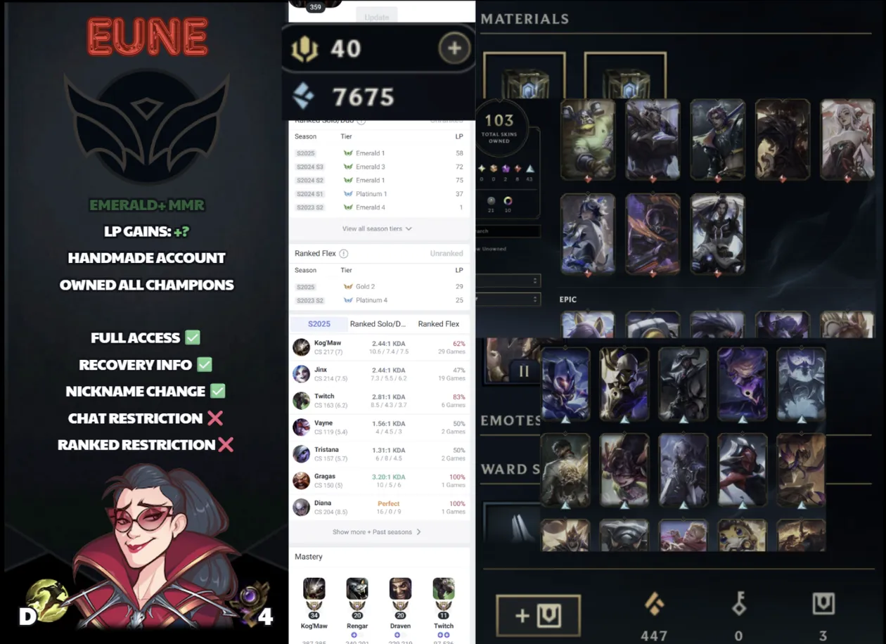 🌍 EUNE 🔒 Handlevel ⚡️ Unranked 🥇 Diamond Peak S15 ✨️ Emerald+ MMR 🔥 103 Skins  📧 Full Access Account ✅ #SBL-0LU