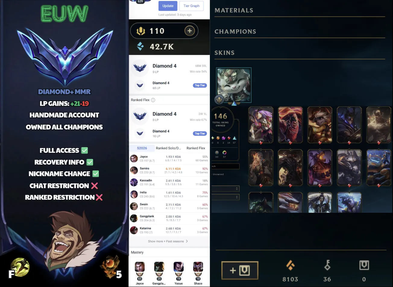 🌍 EUW 👑 Season 16 (Current) 🔥 Diamond IV 💎️ 146 Skins ✨️ All Champions 🔐 Lifetime Ownership 🏷️ #SBL-Z5M