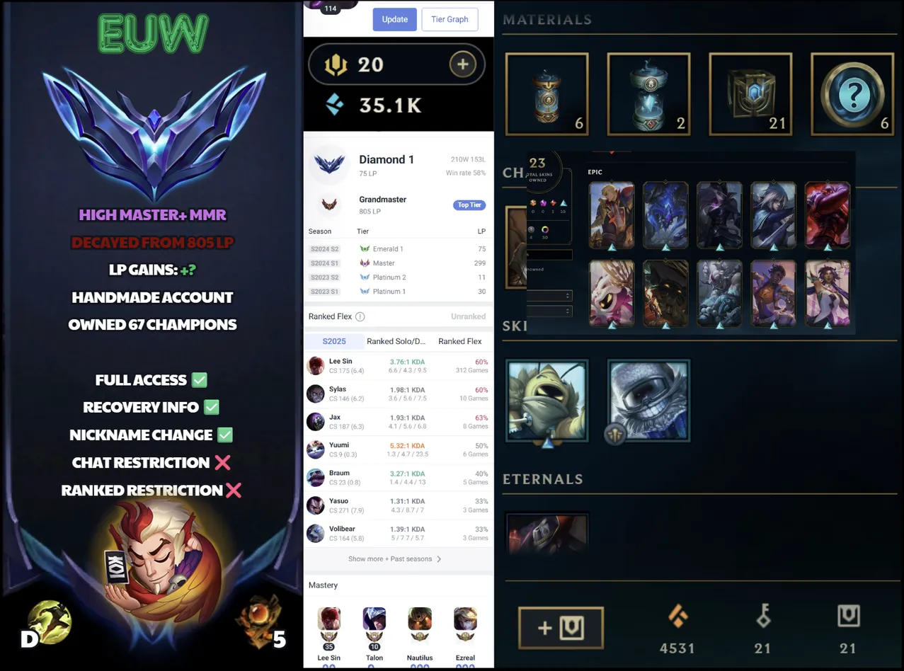 🌍 EUW 🔒 Handlevel ⚡️ Diamond I (75 LP) 🥇 Jungle Main 🔥 Decayed from 805LP Grandmaster 📧 Full Access Account ✅ #SBL-S2G