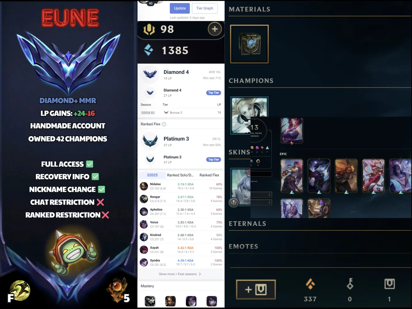 🌍 EUNE 🔒 Handlevel ⚡️ Diamond IV (19 LP) ✨️ WR:72% 🔥 JUNGLE/ADC ♾️ Lifetime Ownership 📧 Full Access Account ✅ #SBL-F2L