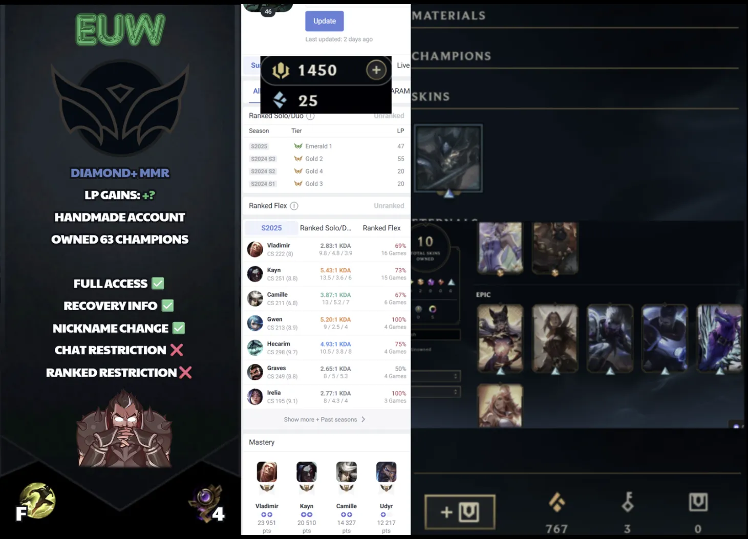 🌍 EUW 🔒 Handlevel ⚡️ Unranked 🥇 Diamond S15 ✨️ 1450 RP 🔥 JG Main  📧 Full Access Account ✅ #SBL-UV4