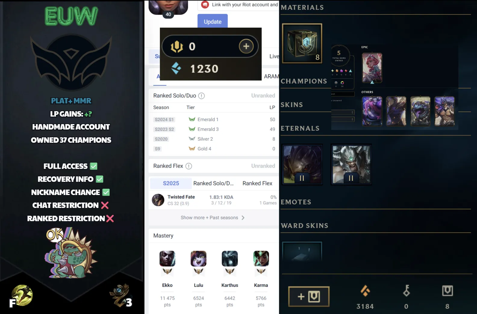 🌍 EUW 👑 Season 16 (Current) 🔥 Unranked 💎️ 2024 Emerald I ✨️ Emerald+ MMR 🔐 Lifetime Ownership 🏷️ #SBL-1G6