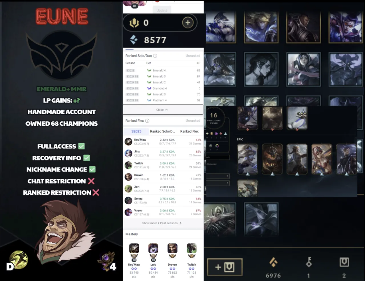 🌍 EUNE 🔒 Handlevel ⚡️ Unranked 🥇 Emerald Season 15 ✨️ Emerald+ MMR 🔥 16 Skins  📧 Full Access Account ✅ #SBL-DP3