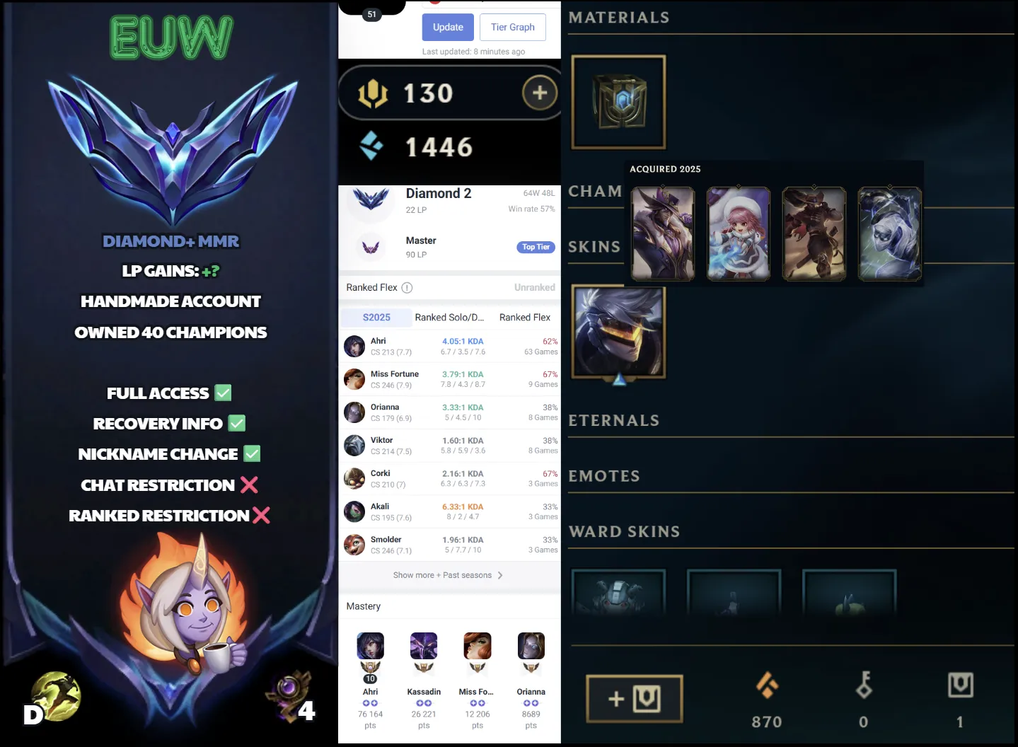 🌍 EUW 🔒 Handlevel ⚡️ Diamond II (22 LP) 🥇 Mid Main ✨️ WR:57% 🔥 Master Peak  📧 Full Access Account ✅ #SBL-3H5