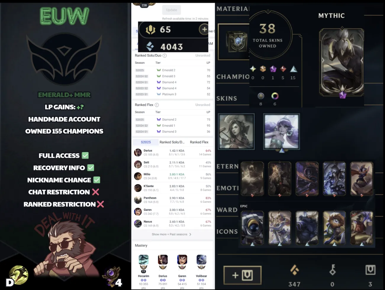 🌍 EUW 🔒 Handlevel ⚡️ Unranked 🥇 Emerald S15 ✨️ 46 Skins & 155 Champs 📧 Full Access Account ✅ #SBL-90D