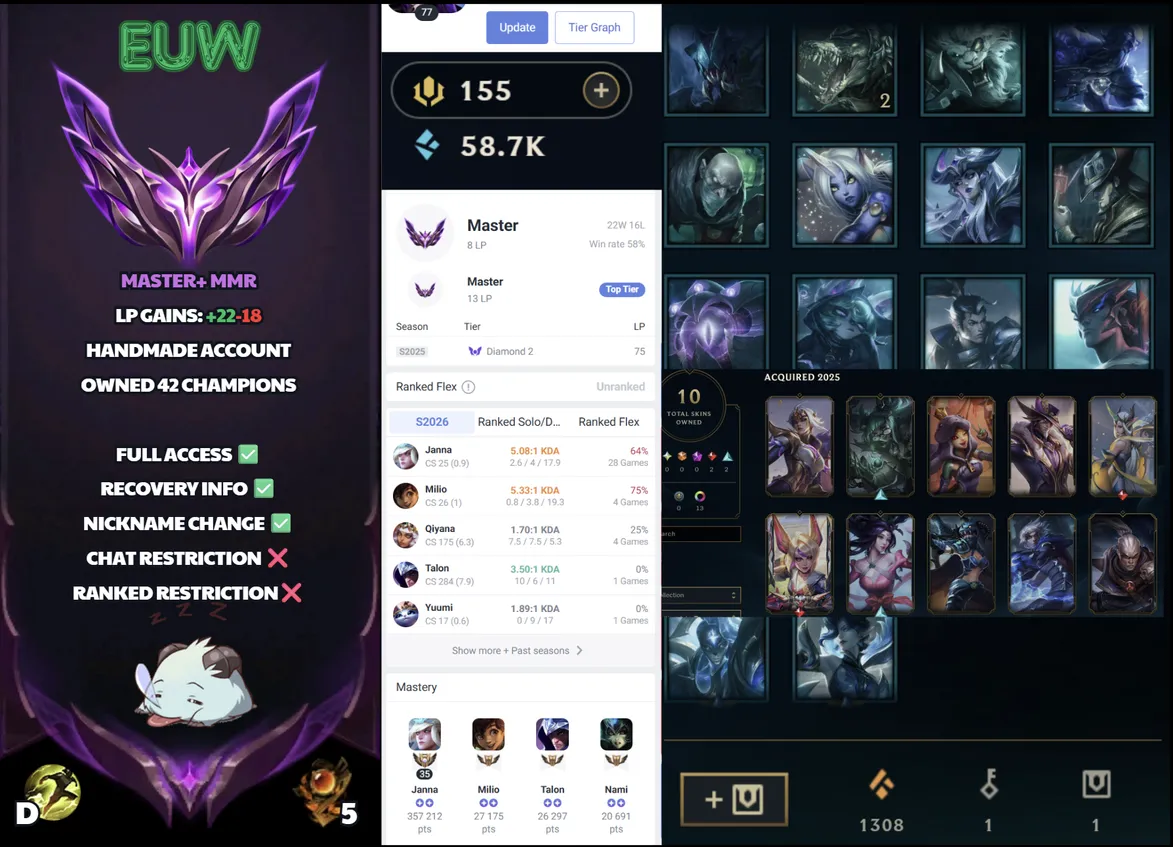 🌍 EUW 👑 Season 16 (Current) 🔥 Master (8 LP) 📌️ SUPP Main 💎️ WR:58% ✨️ +22LP Gains 🔐 Lifetime Ownership 🏷️ #SBL-4C7