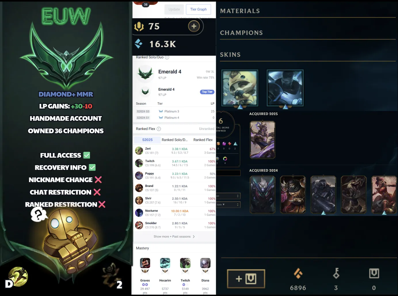 🌍 EUW 🔒 Handlevel ⚡ Emerald IV (97 LP)✨ WR:75% 🔥 +30LP Gains ♾️ Lifetime Ownership 📧 Full Email Access ✅ Full Ownership Transfer #SBL-RY0